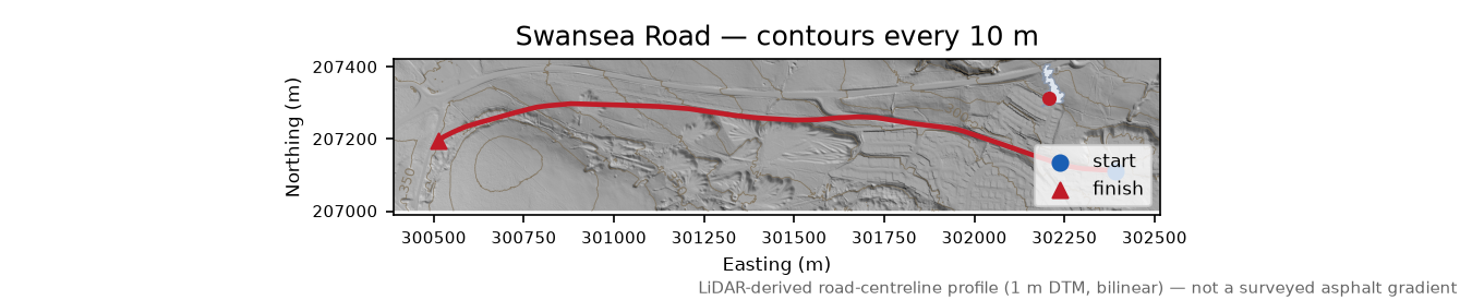 Swansea Road LiDAR hillshade map with contours