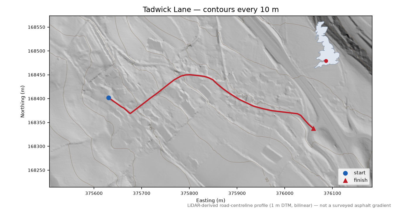 Tadwick Lane LiDAR hillshade map with contours