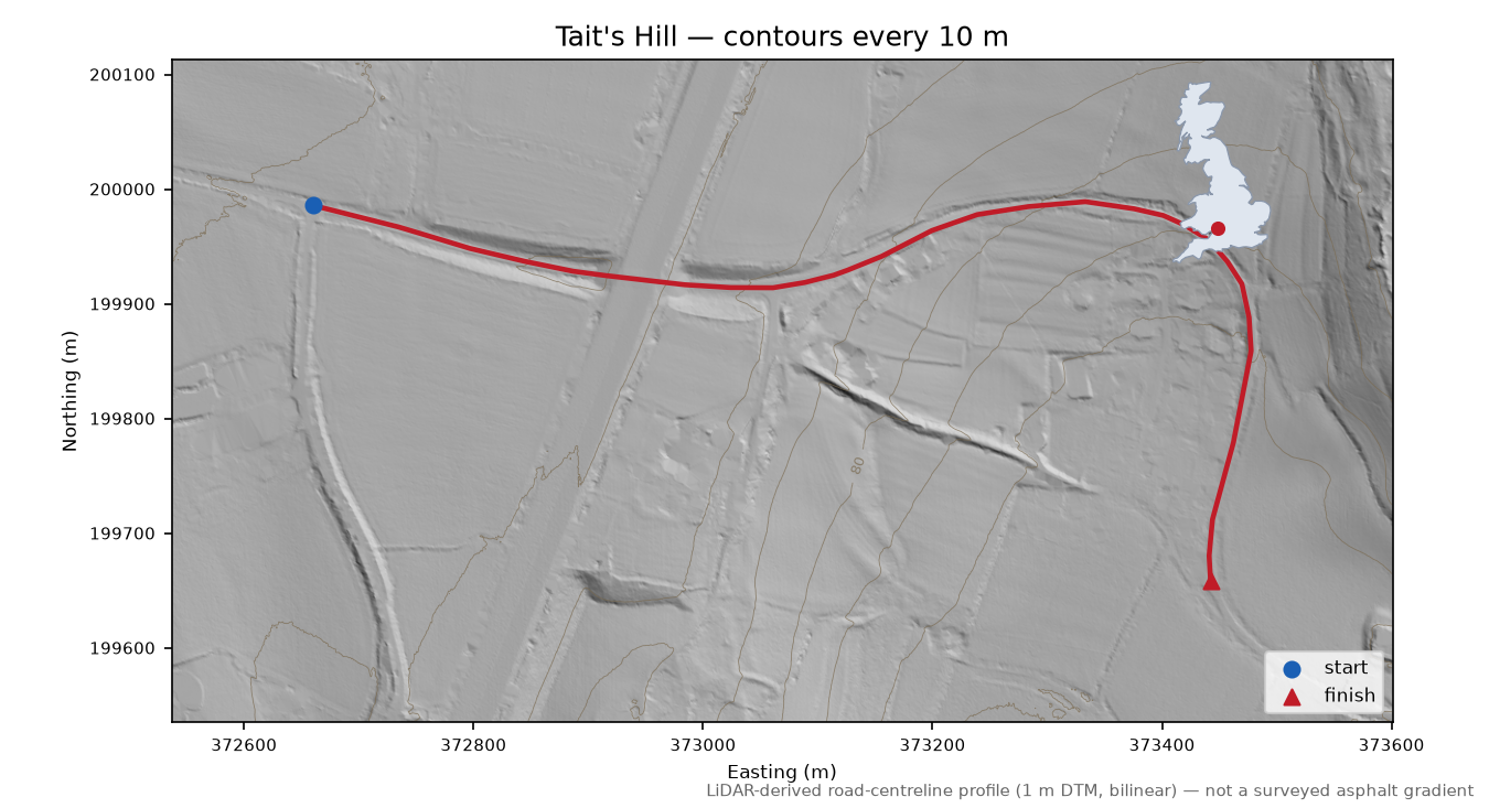 Tait's Hill LiDAR hillshade map with contours