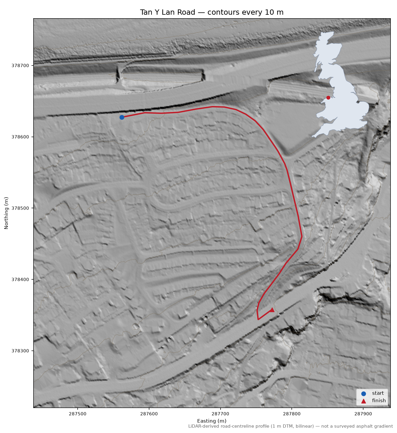 Tan Y Lan Road LiDAR hillshade map with contours