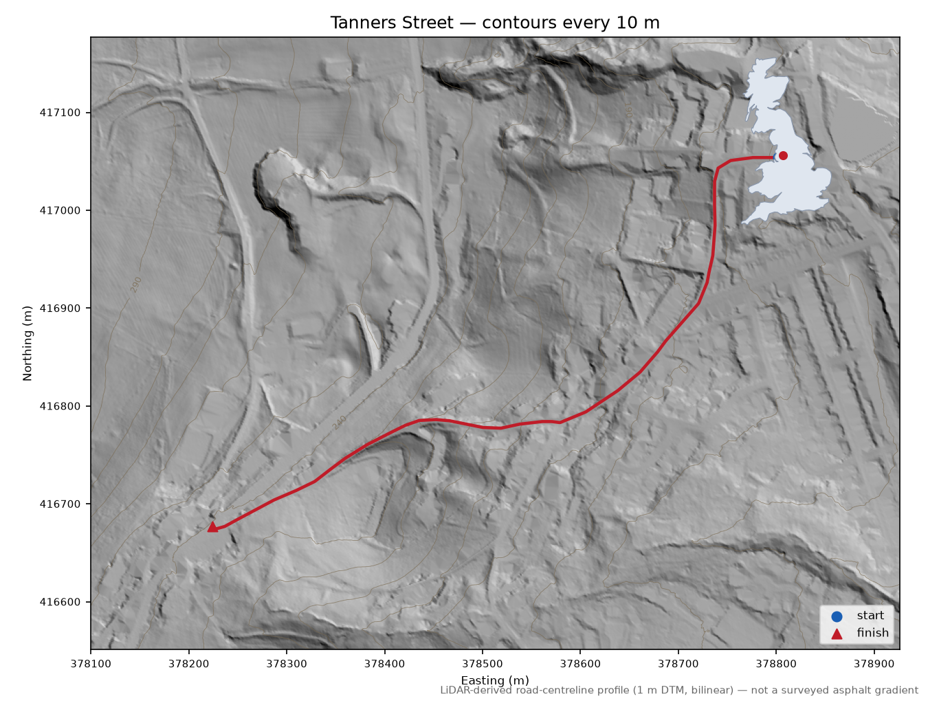 Tanners Street LiDAR hillshade map with contours