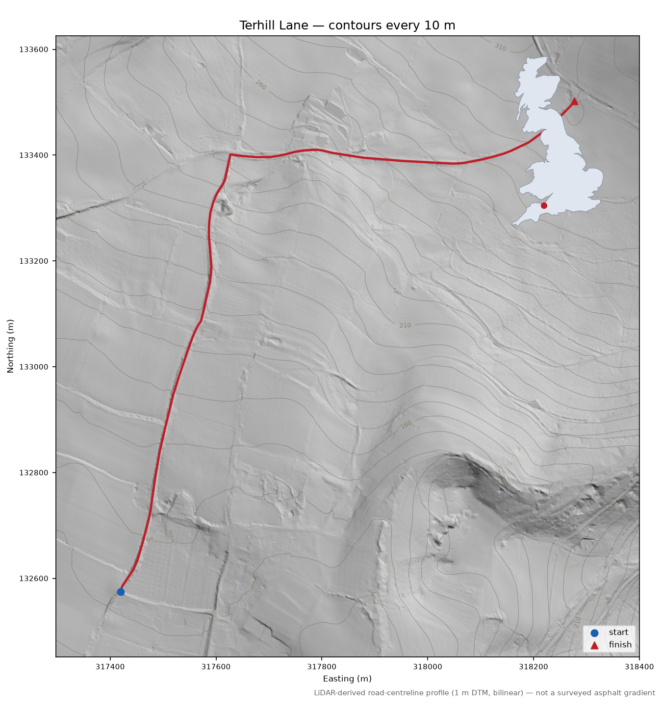 Terhill Lane LiDAR hillshade map with contours