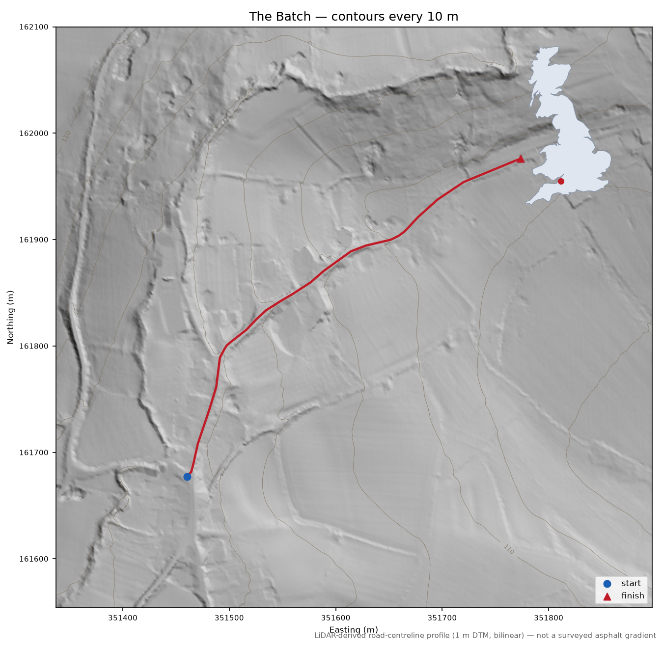 The Batch LiDAR hillshade map with contours