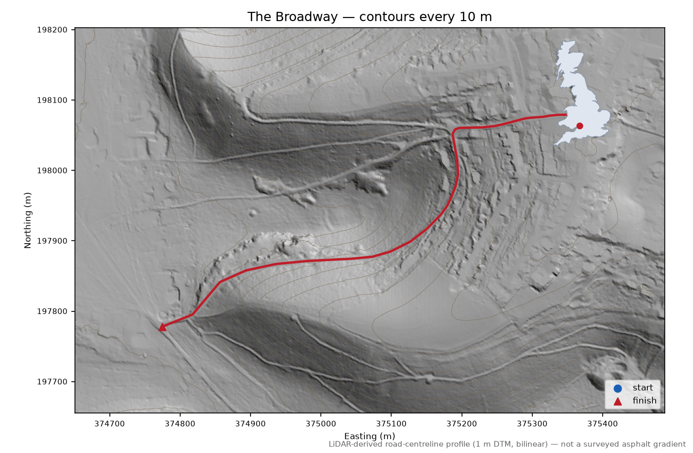 The Broadway LiDAR hillshade map with contours