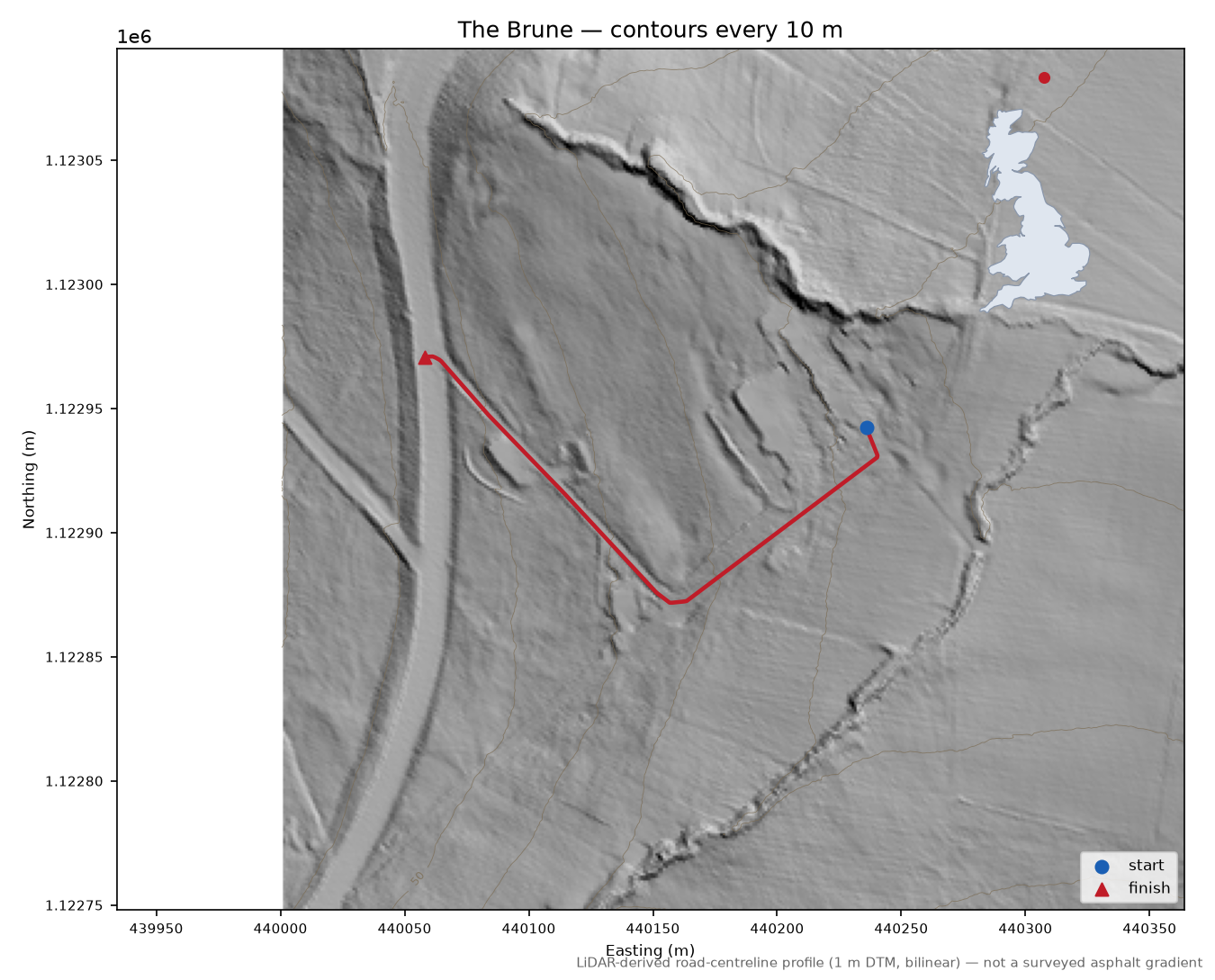 The Brune LiDAR hillshade map with contours