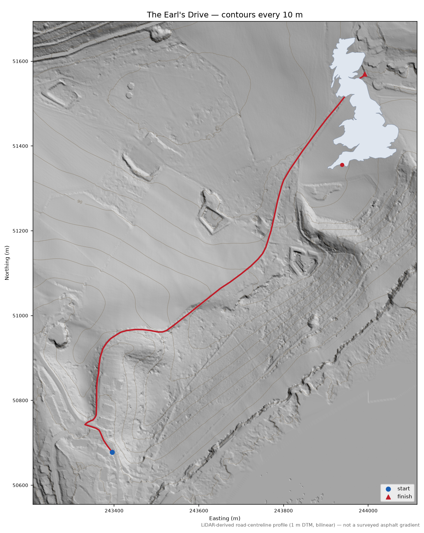 The Earl's Drive LiDAR hillshade map with contours