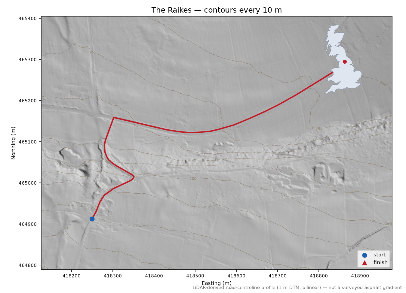 The Raikes LiDAR hillshade map with contours