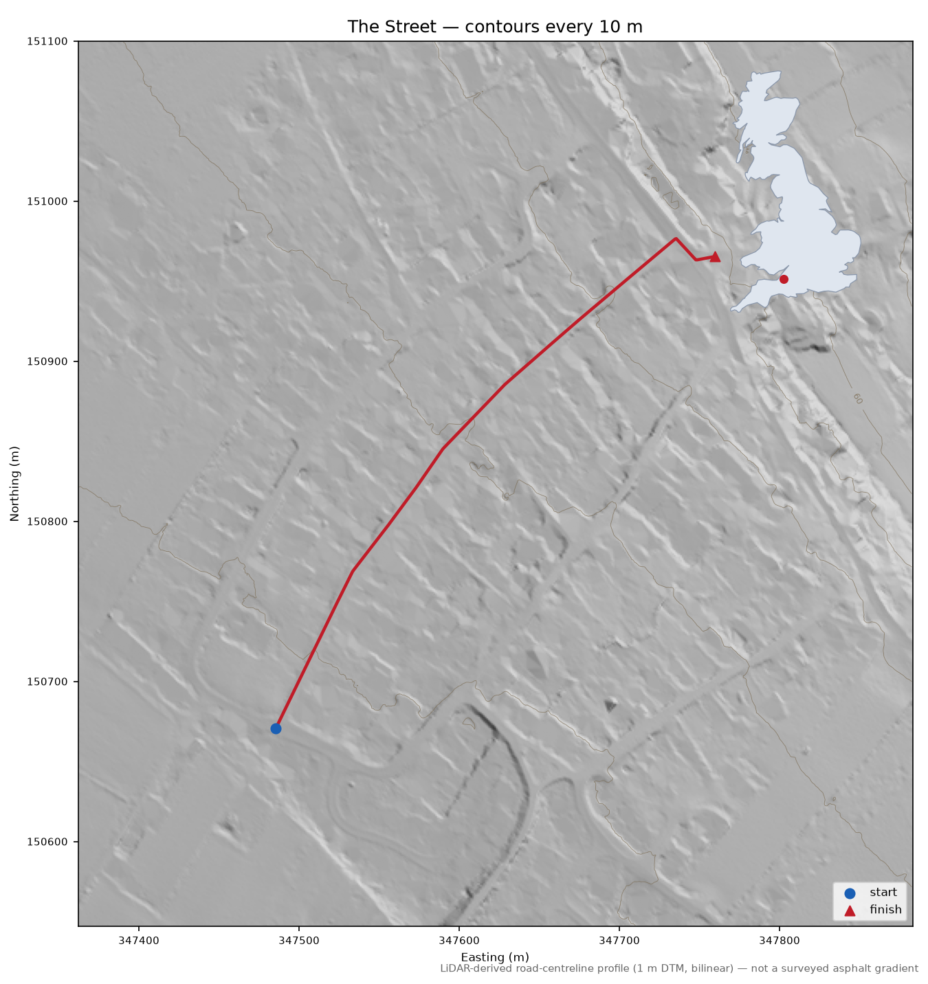 The Street LiDAR hillshade map with contours