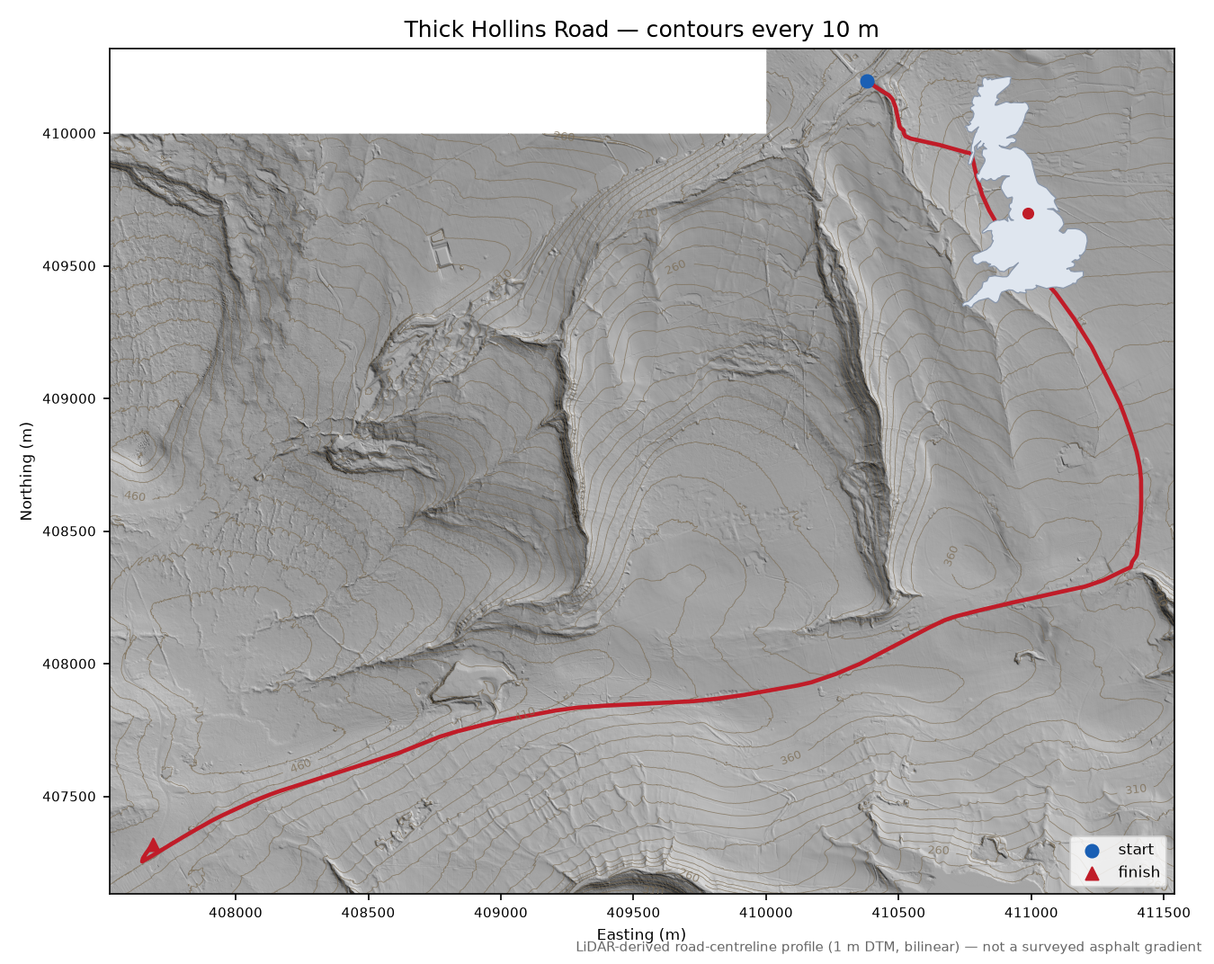 Thick Hollins Road LiDAR hillshade map with contours