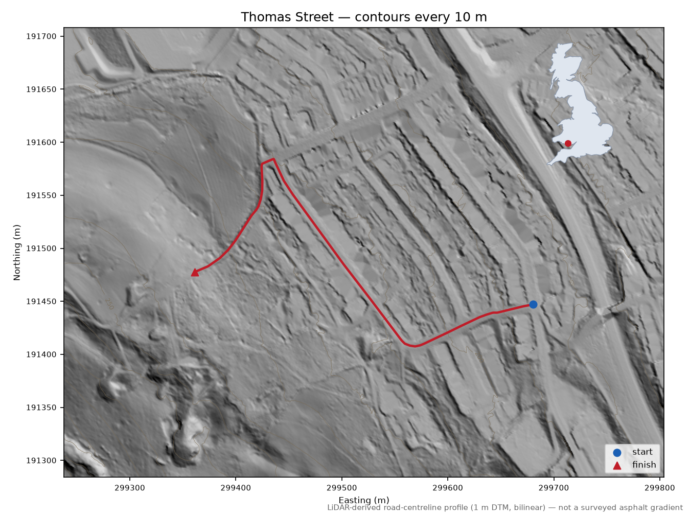 Thomas Street LiDAR hillshade map with contours