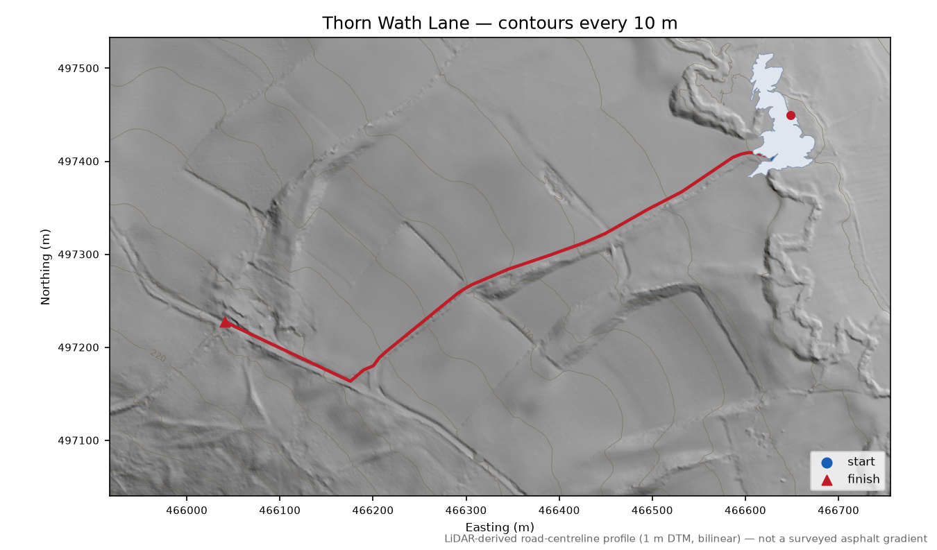 Thorn Wath Lane LiDAR hillshade map with contours