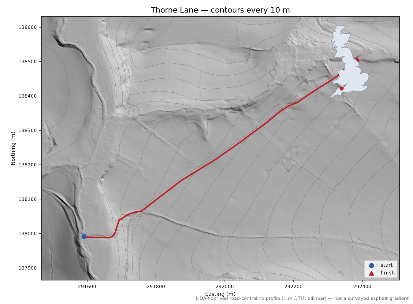 Thorne Lane LiDAR hillshade map with contours