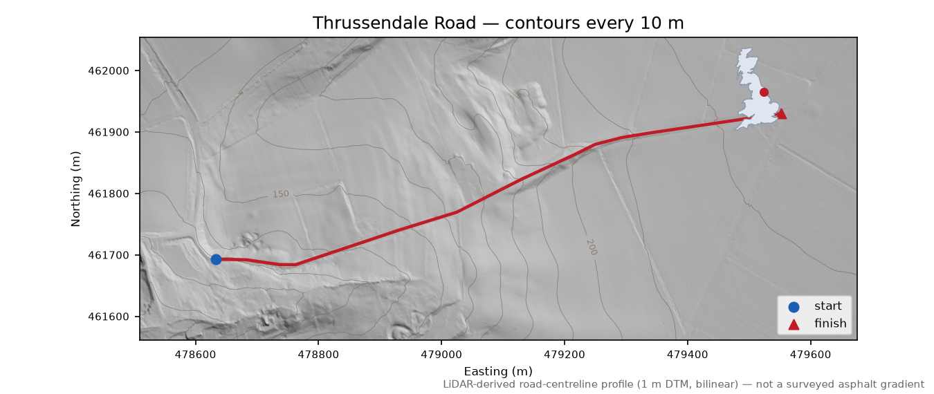Thrussendale Road LiDAR hillshade map with contours