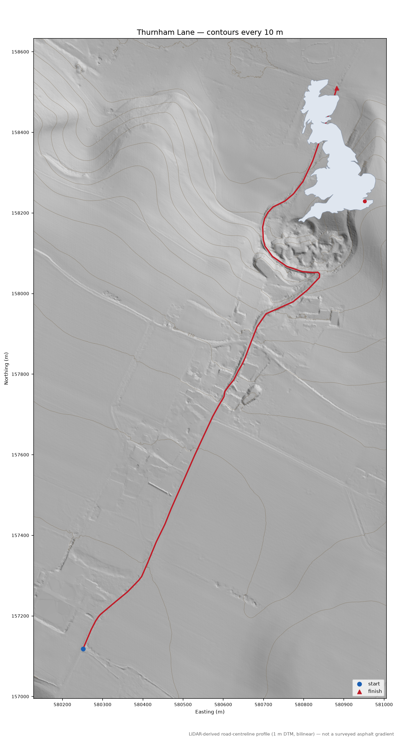 Thurnham Lane LiDAR hillshade map with contours
