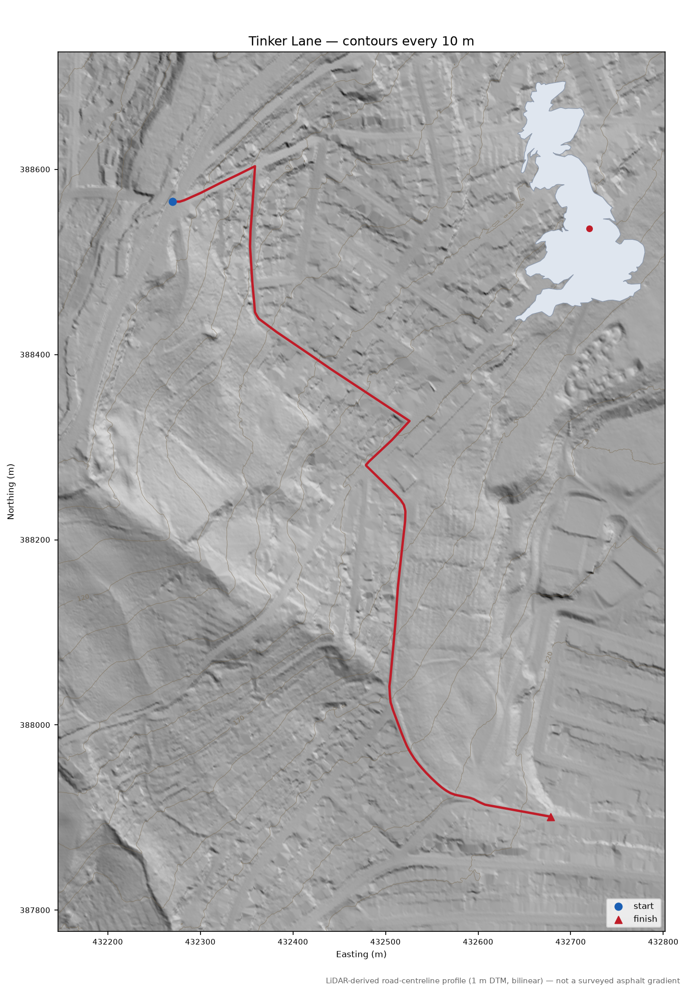 Tinker Lane LiDAR hillshade map with contours