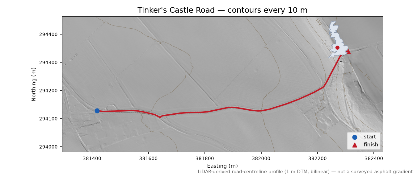 Tinker's Castle Road LiDAR hillshade map with contours