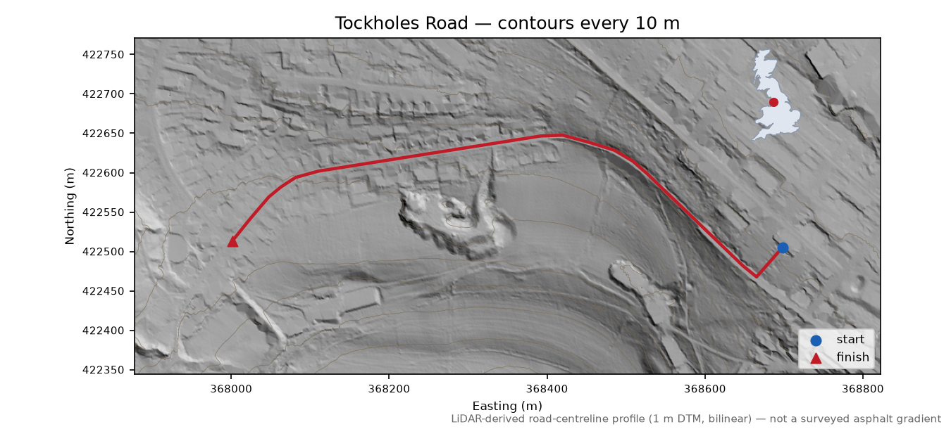 Tockholes Road LiDAR hillshade map with contours