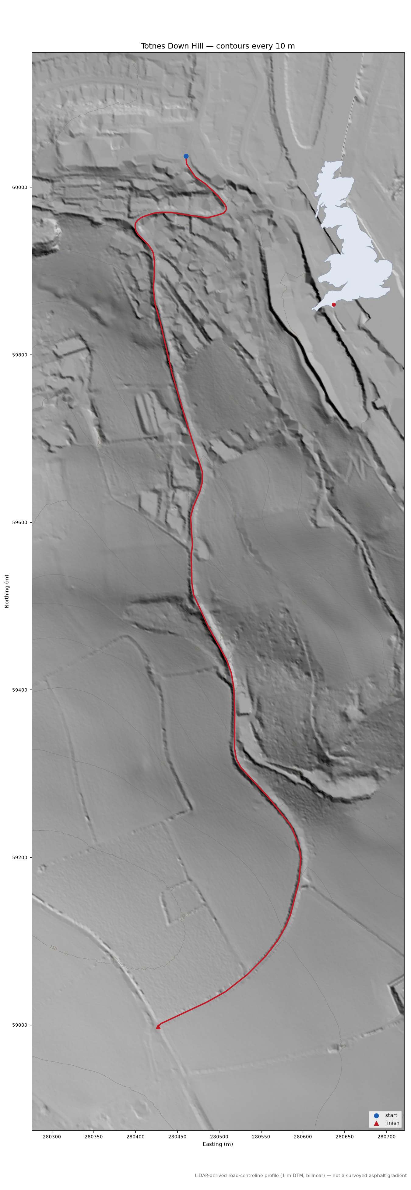 Totnes Down Hill LiDAR hillshade map with contours