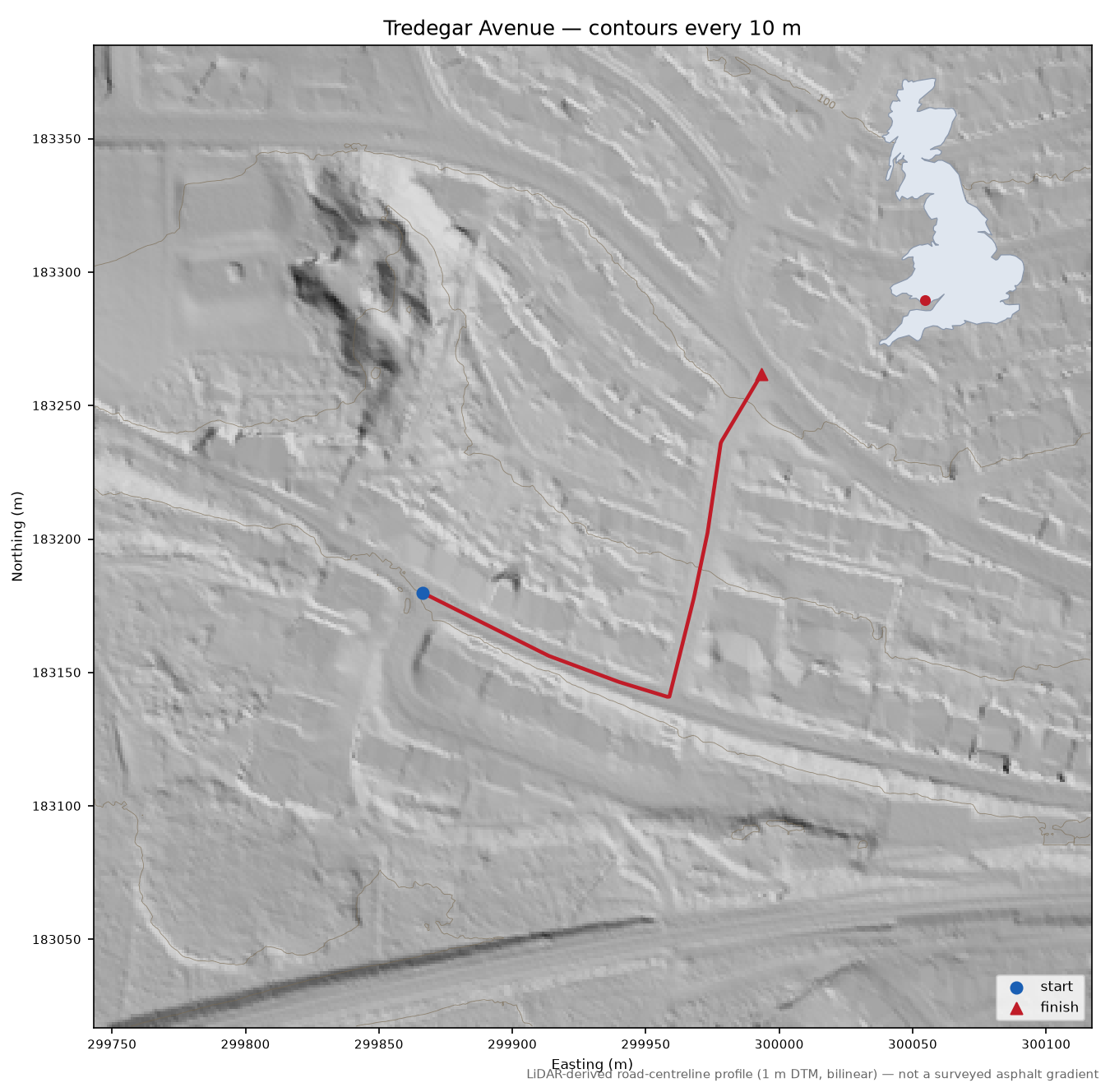 Tredegar Avenue LiDAR hillshade map with contours