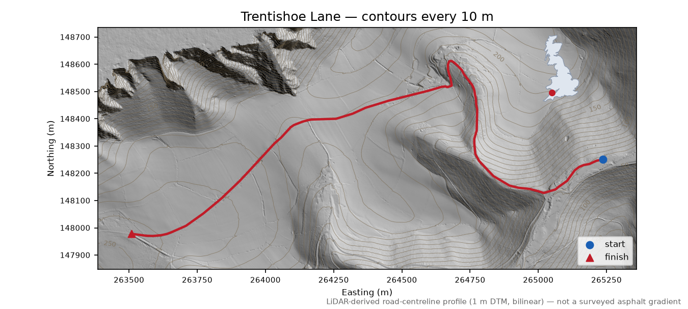 Trentishoe Lane LiDAR hillshade map with contours