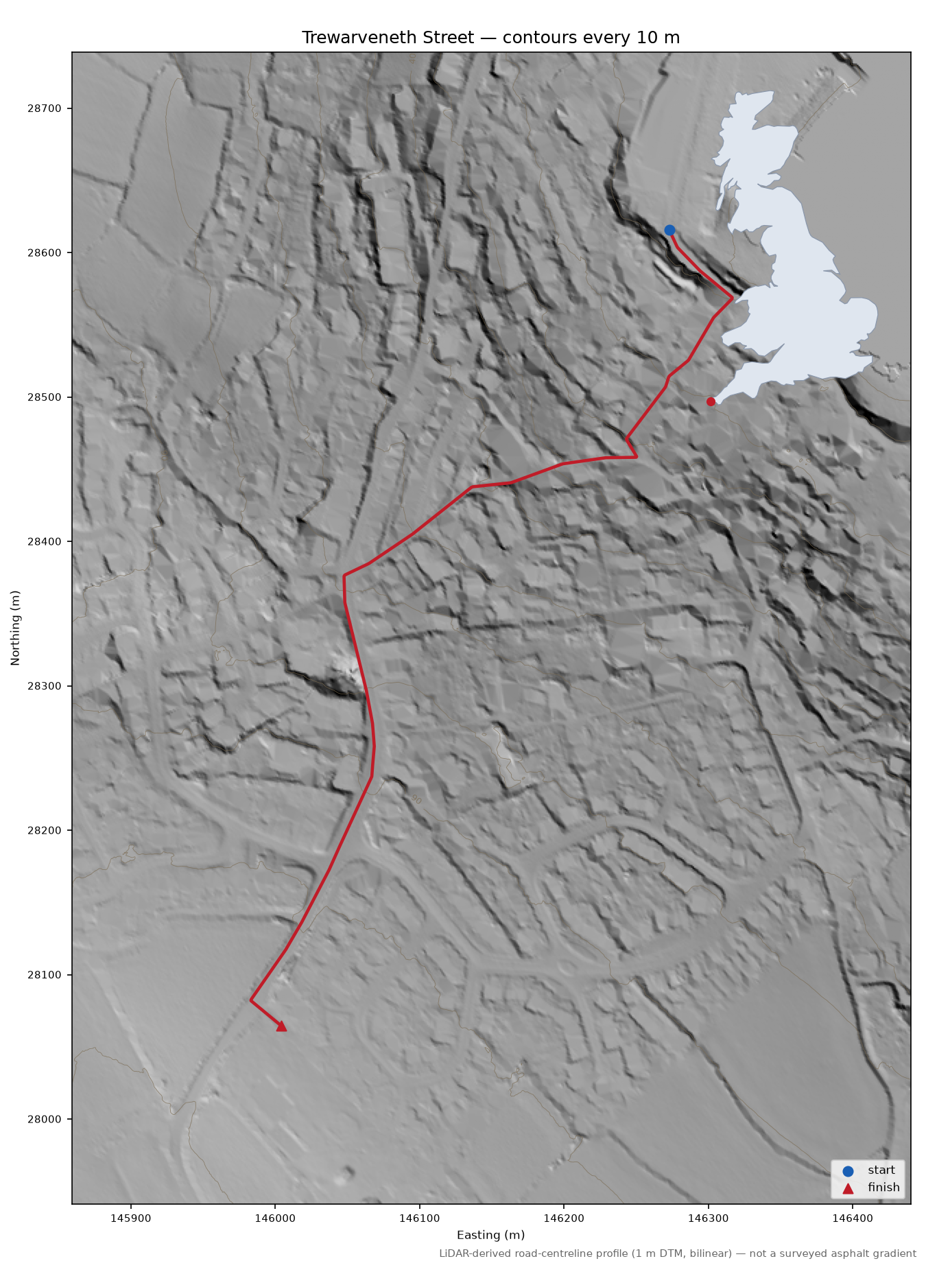 Trewarveneth Street LiDAR hillshade map with contours
