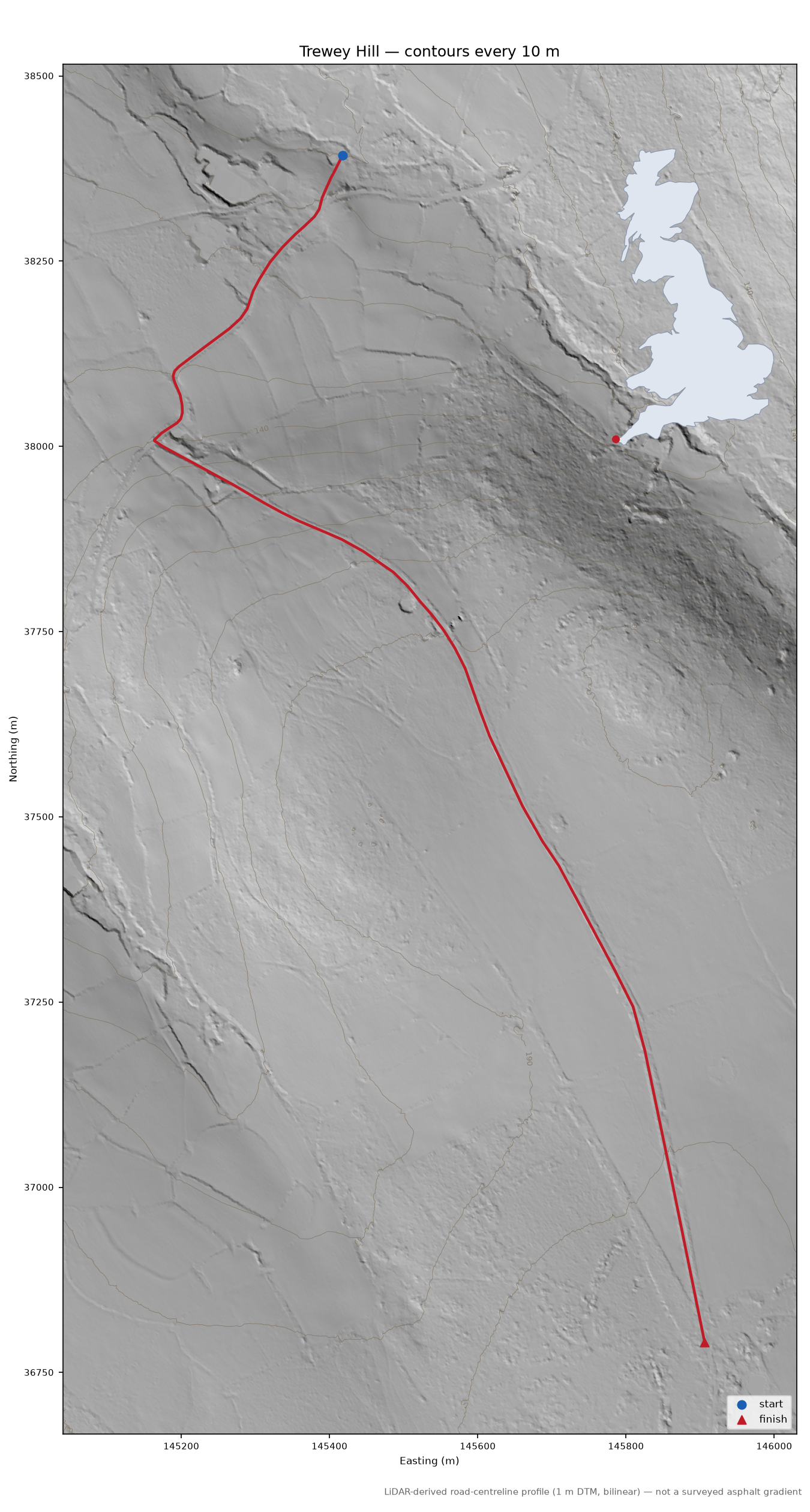 Trewey Hill LiDAR hillshade map with contours