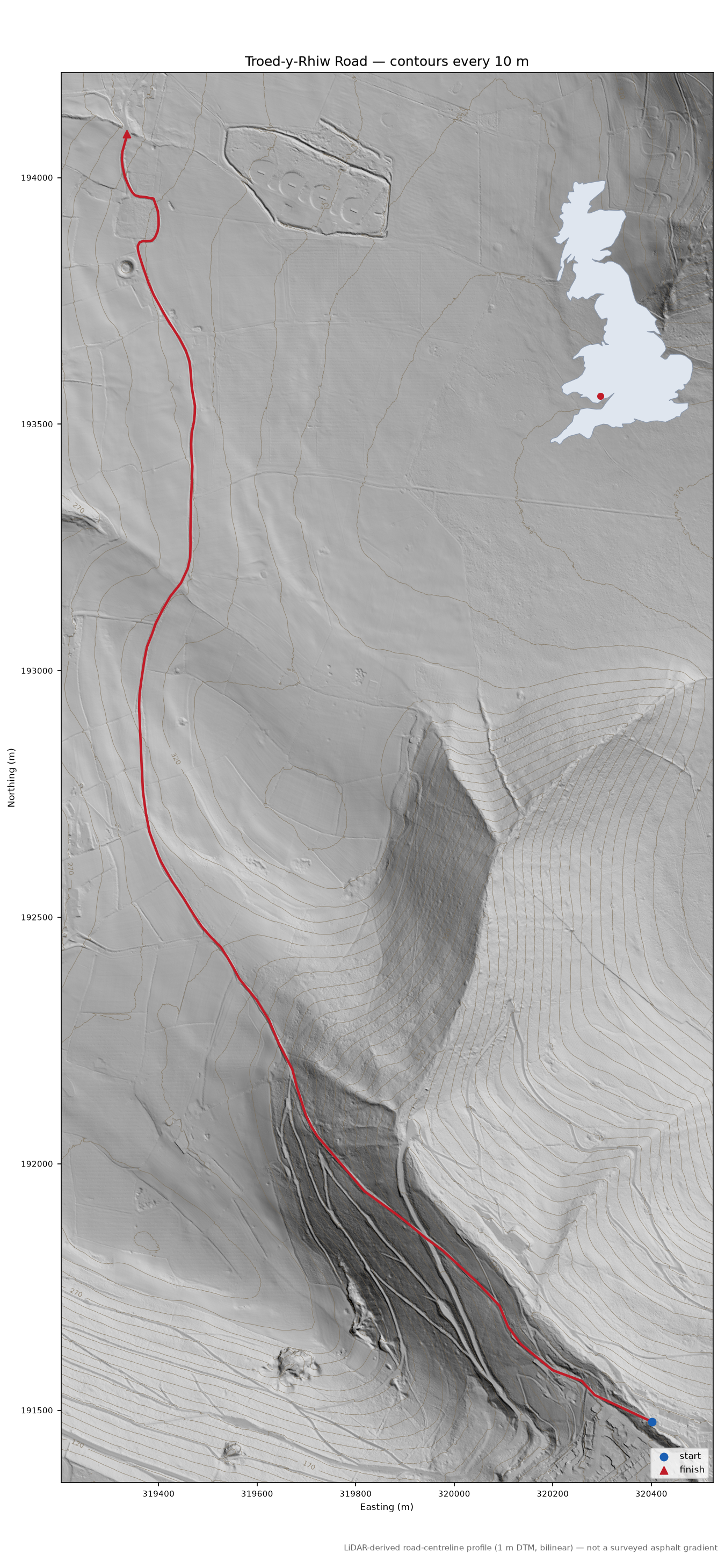 Troed-y-Rhiw Road LiDAR hillshade map with contours