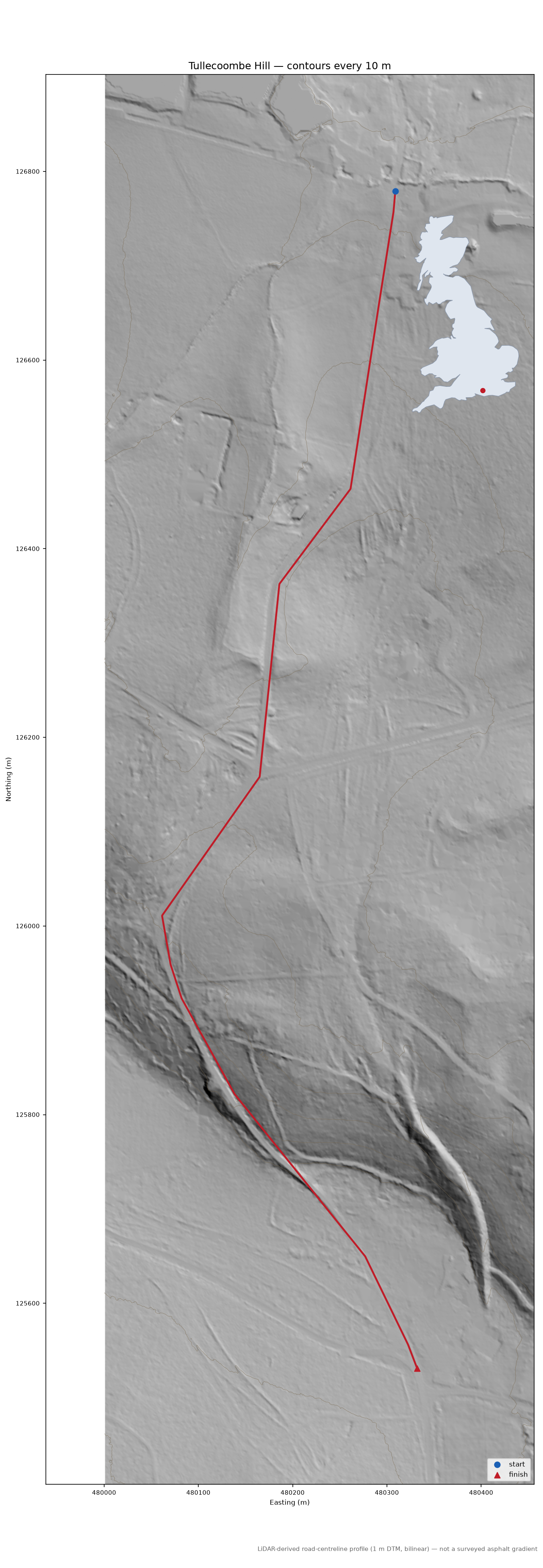 Tullecoombe Hill LiDAR hillshade map with contours