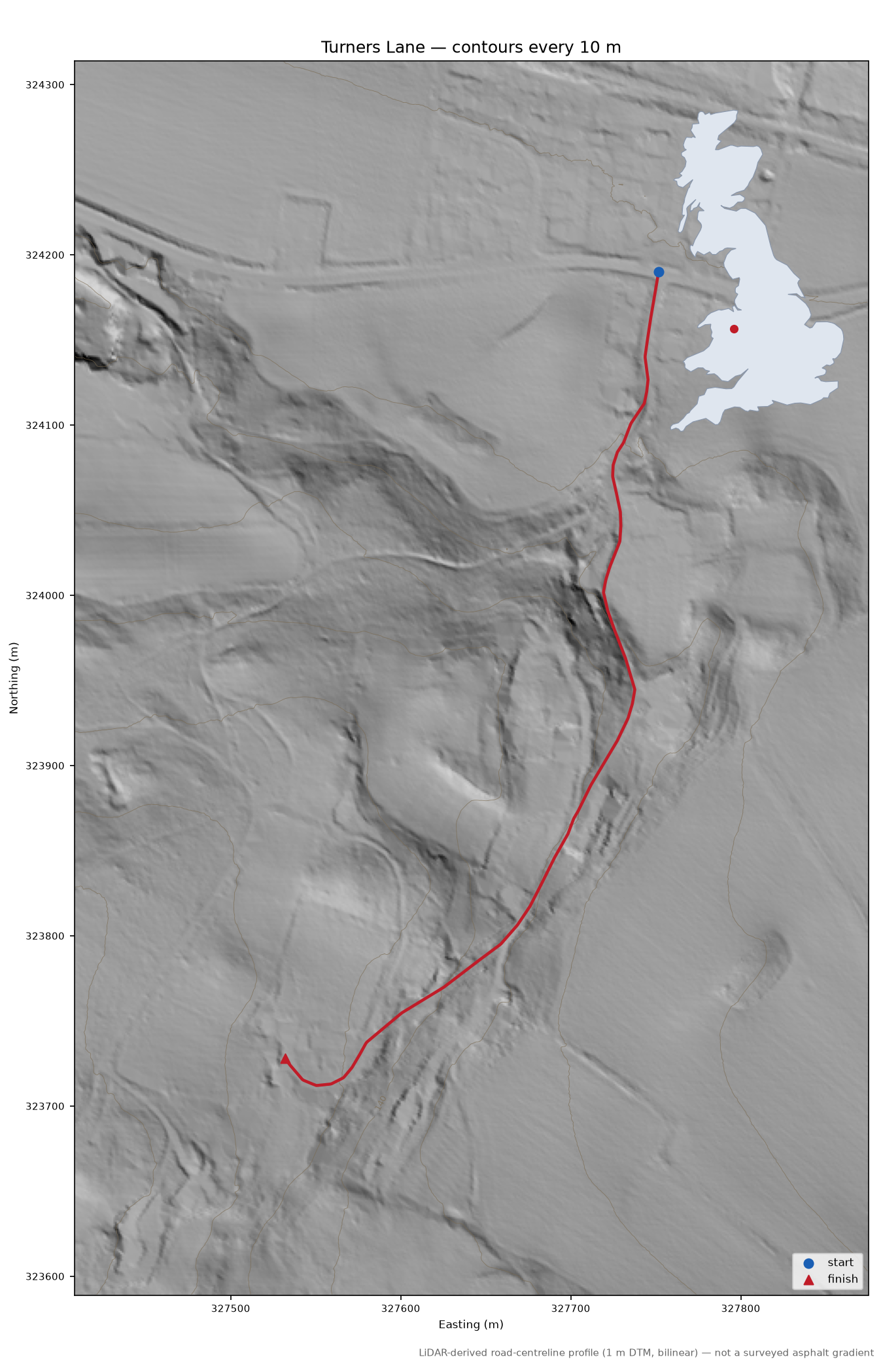 Turners Lane LiDAR hillshade map with contours
