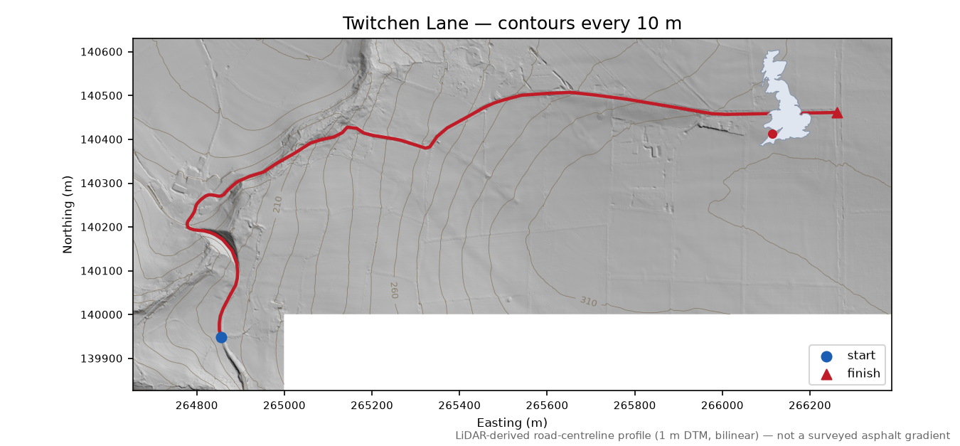Twitchen Lane LiDAR hillshade map with contours