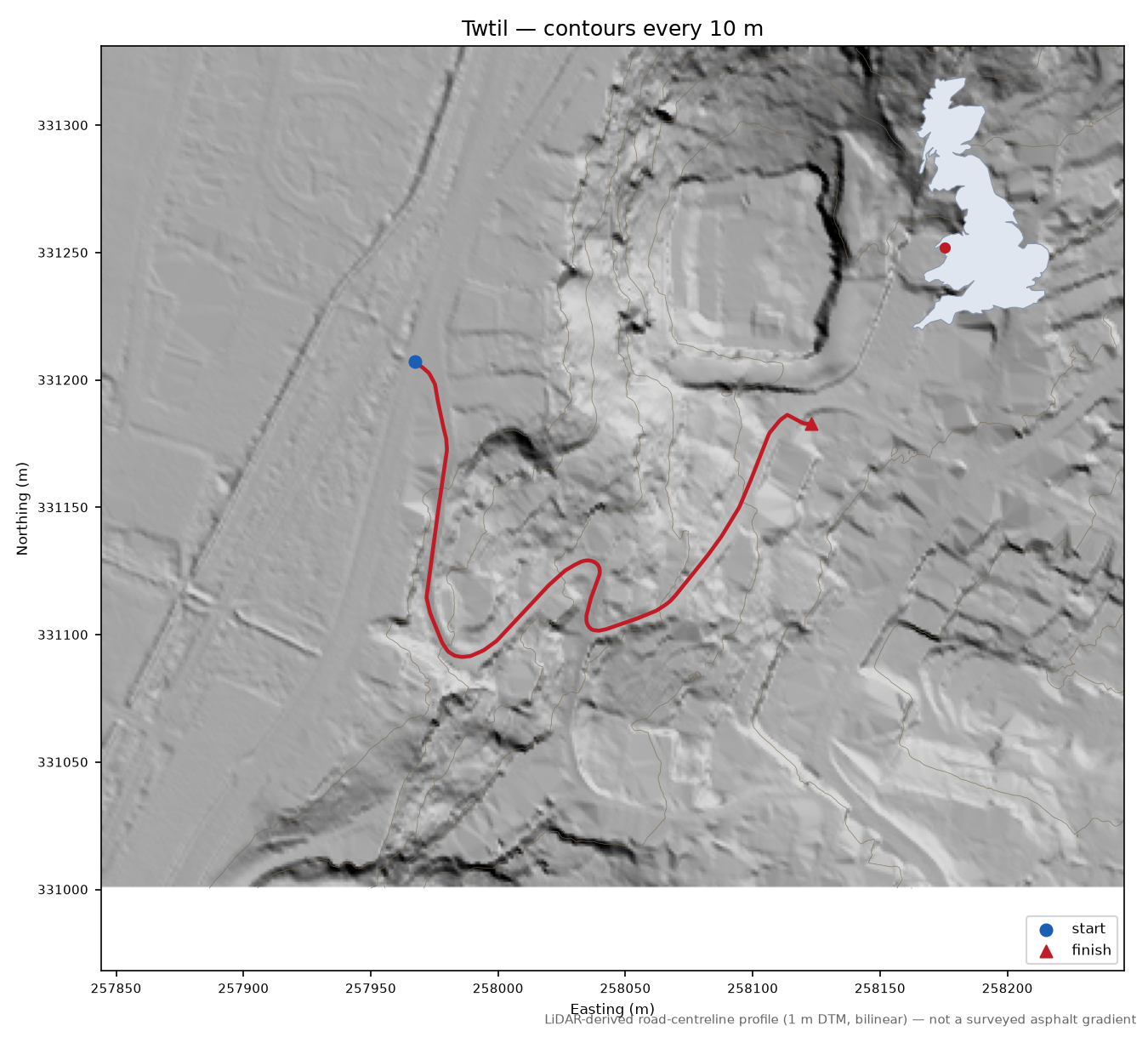 Twtil LiDAR hillshade map with contours