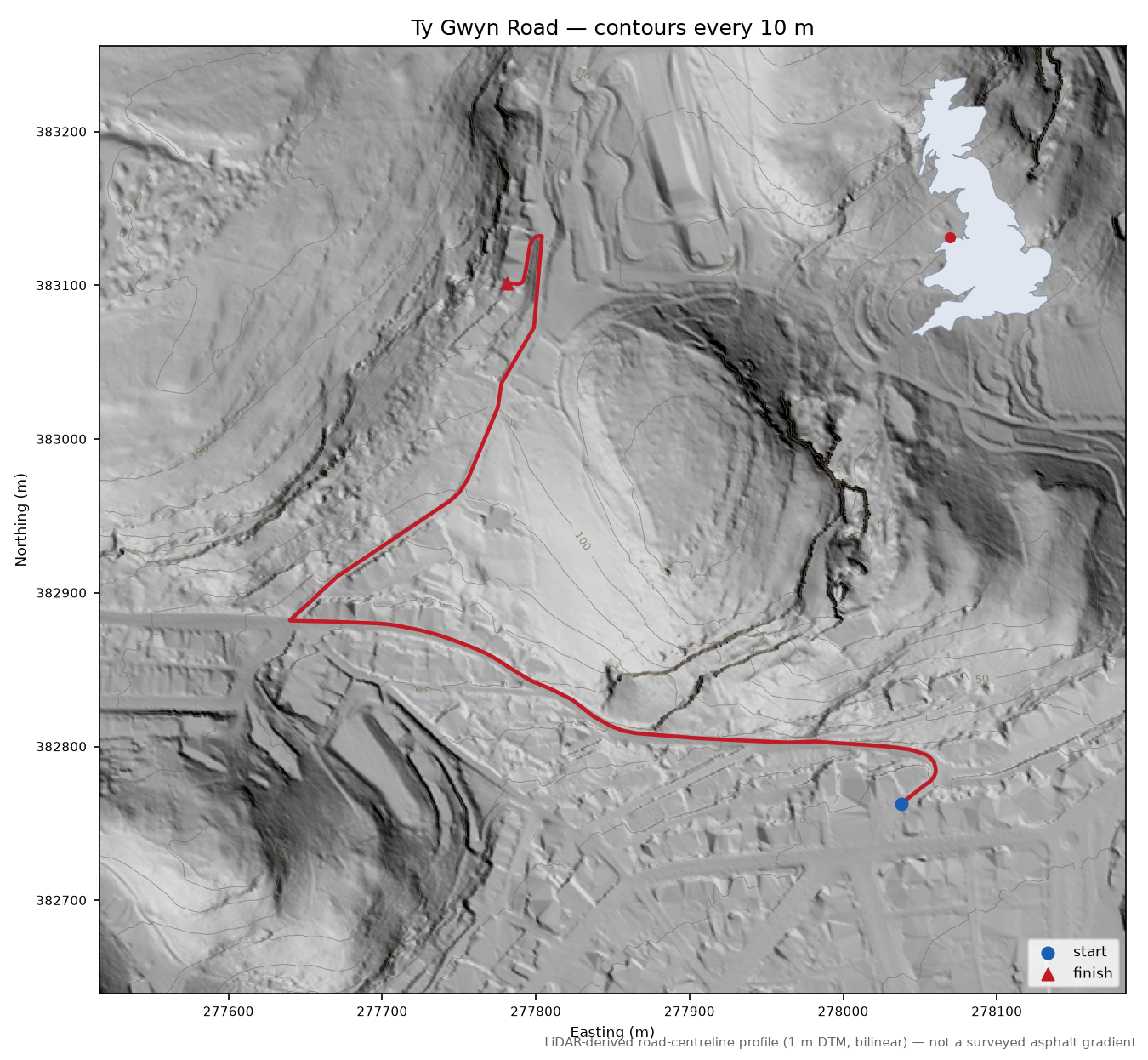Ty Gwyn Road LiDAR hillshade map with contours
