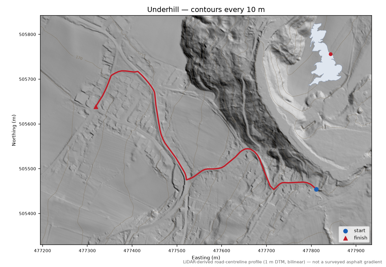 Underhill LiDAR hillshade map with contours