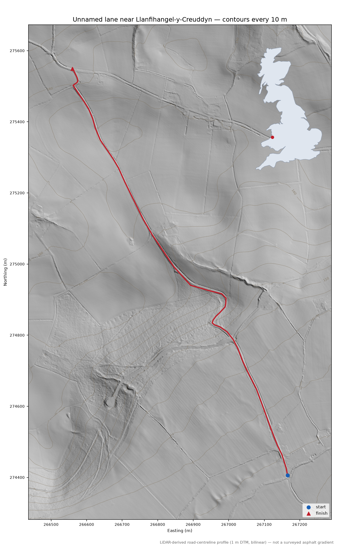 Unnamed lane near Llanfihangel-y-Creuddyn LiDAR hillshade map with contours