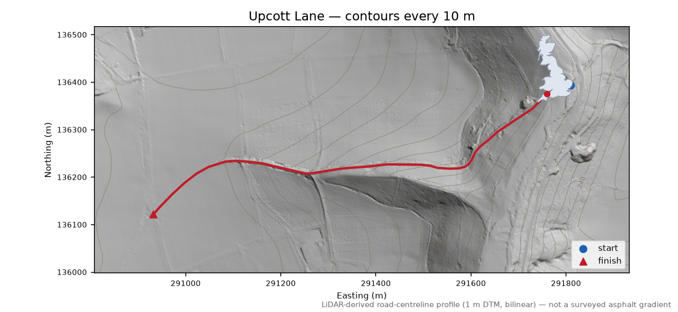 Upcott Lane LiDAR hillshade map with contours