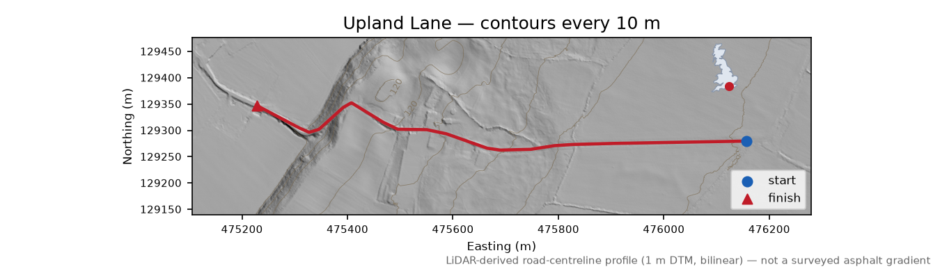 Upland Lane LiDAR hillshade map with contours