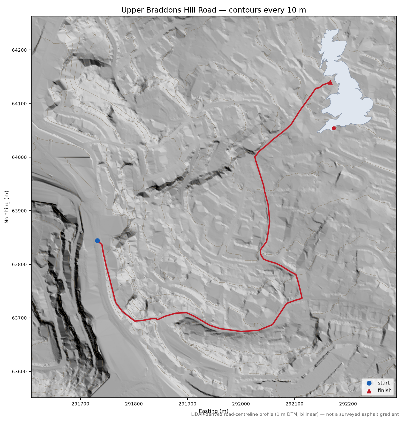 Upper Braddons Hill Road LiDAR hillshade map with contours
