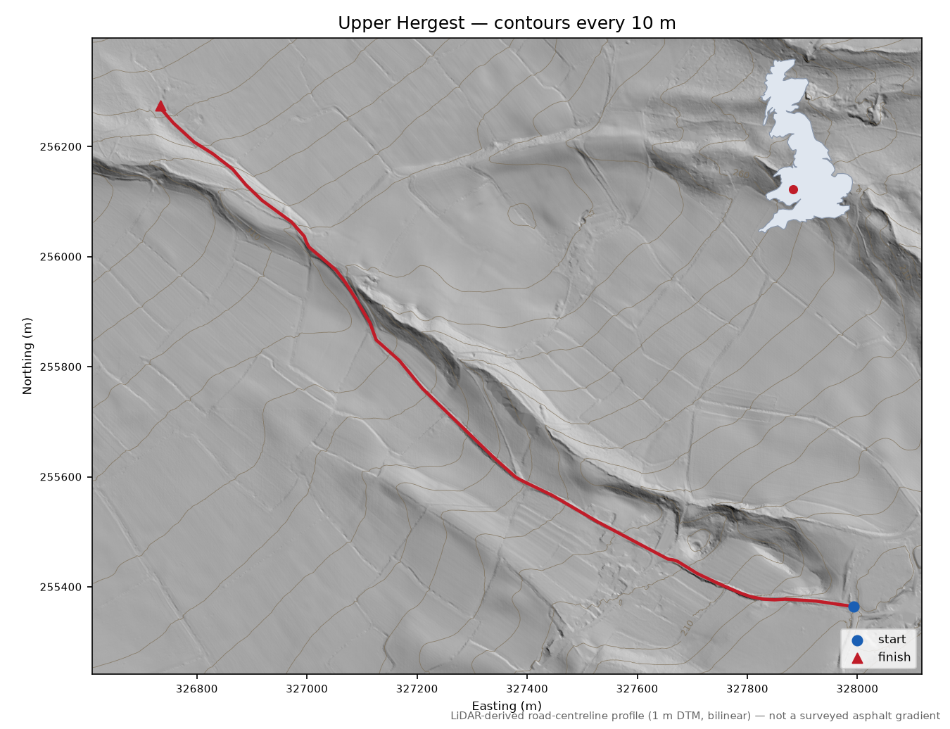Upper Hergest LiDAR hillshade map with contours