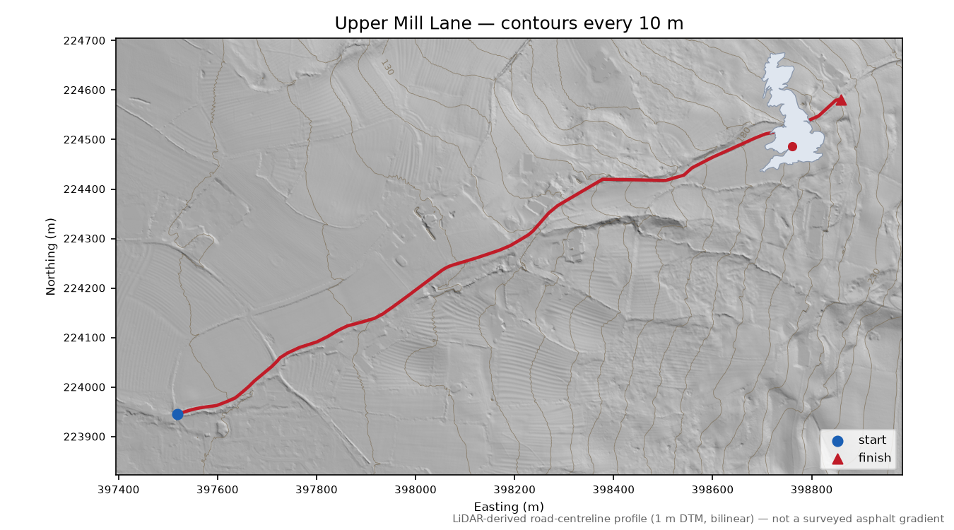 Upper Mill Lane LiDAR hillshade map with contours