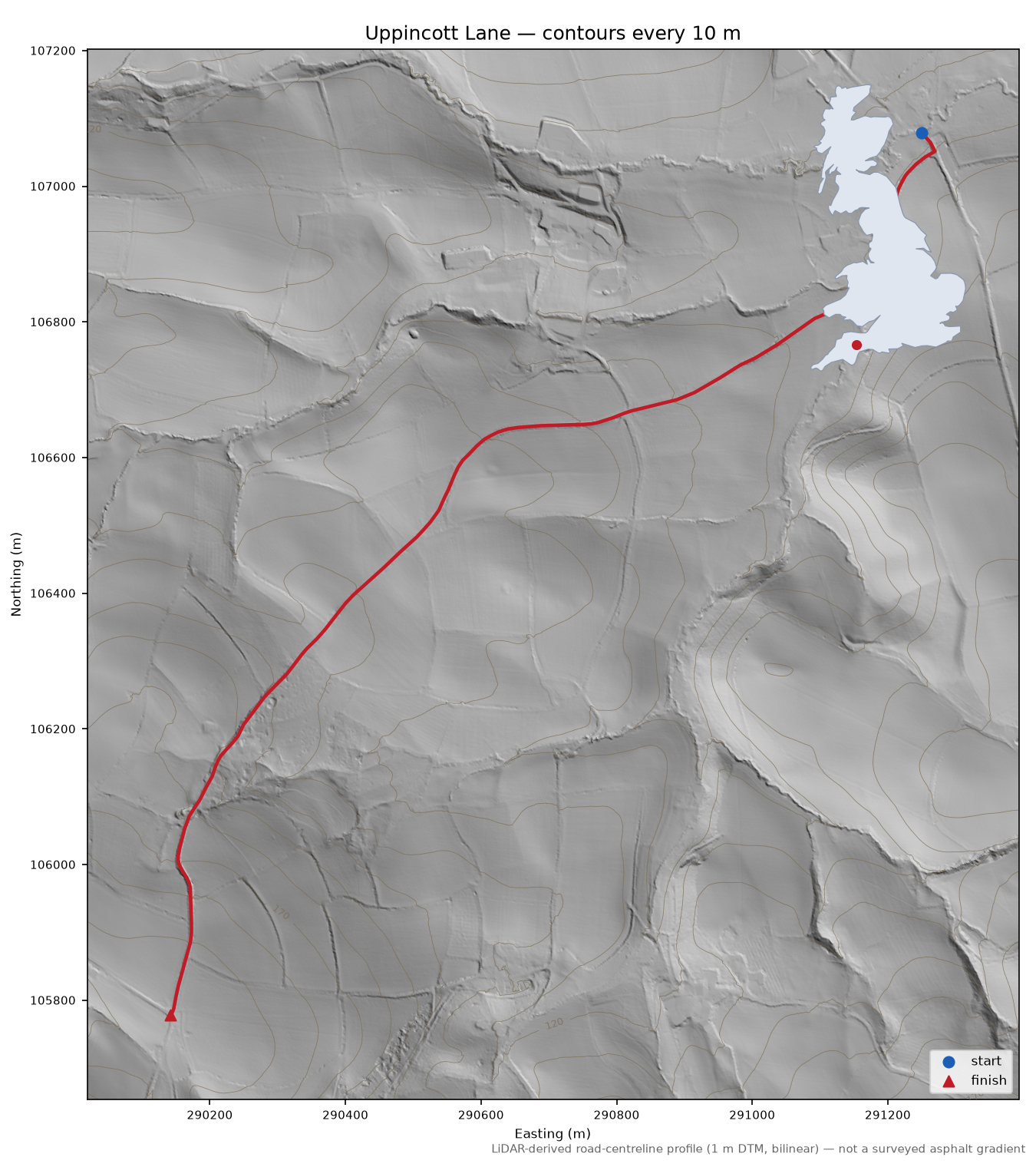 Uppincott Lane LiDAR hillshade map with contours