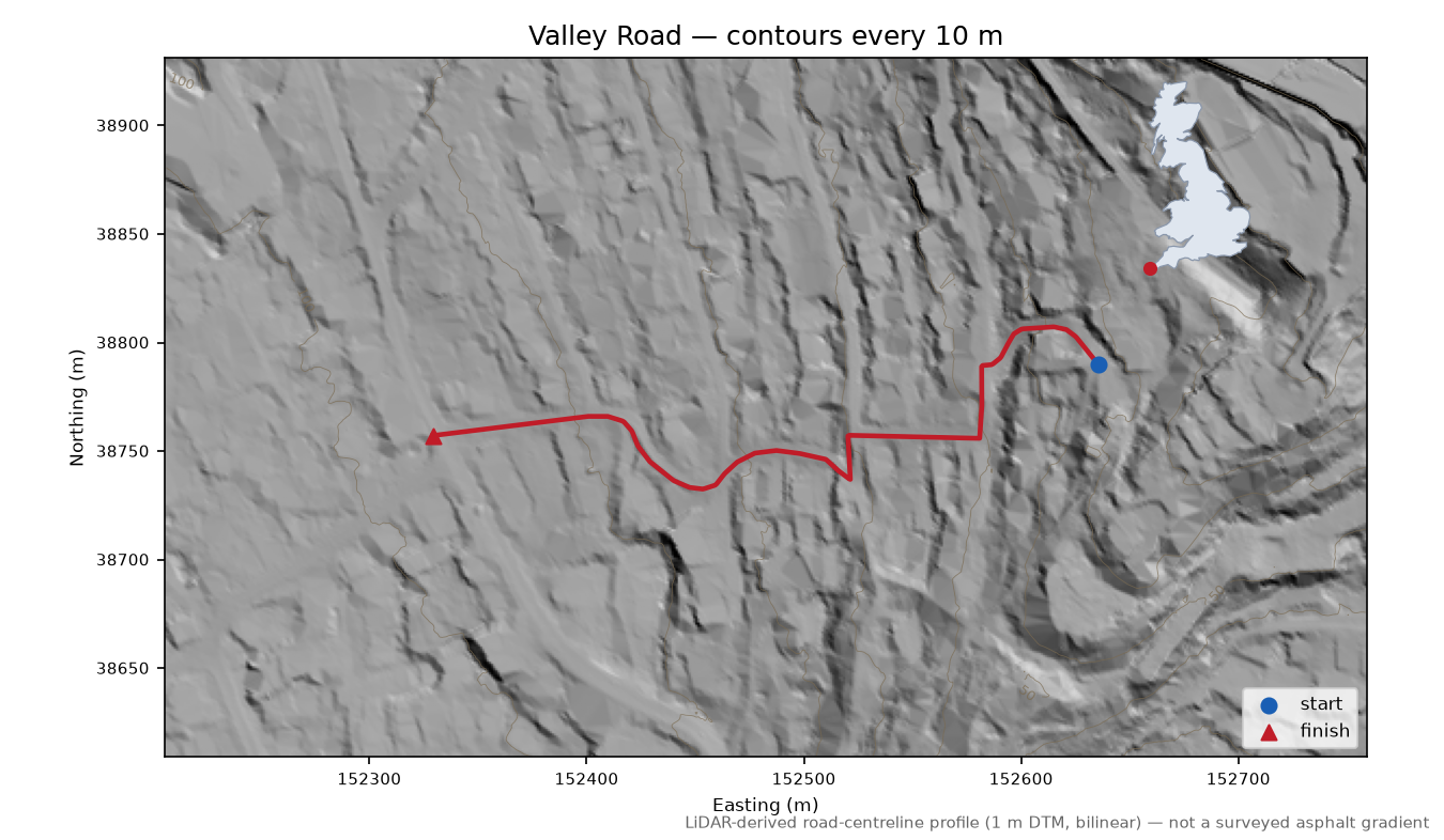 Valley Road LiDAR hillshade map with contours