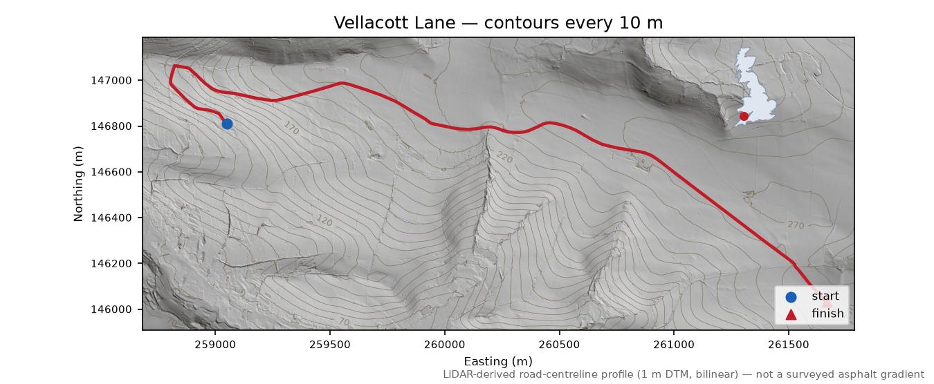Vellacott Lane LiDAR hillshade map with contours