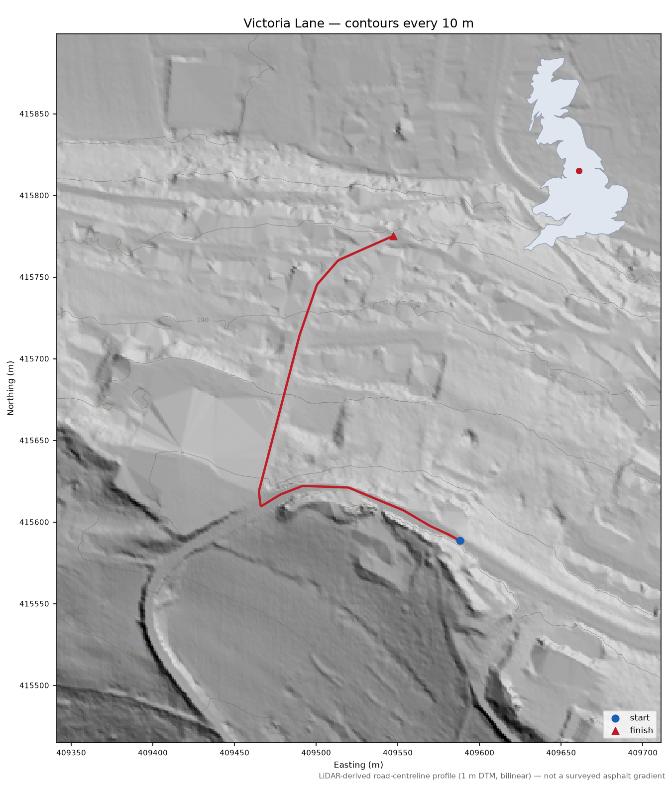 Victoria Lane LiDAR hillshade map with contours
