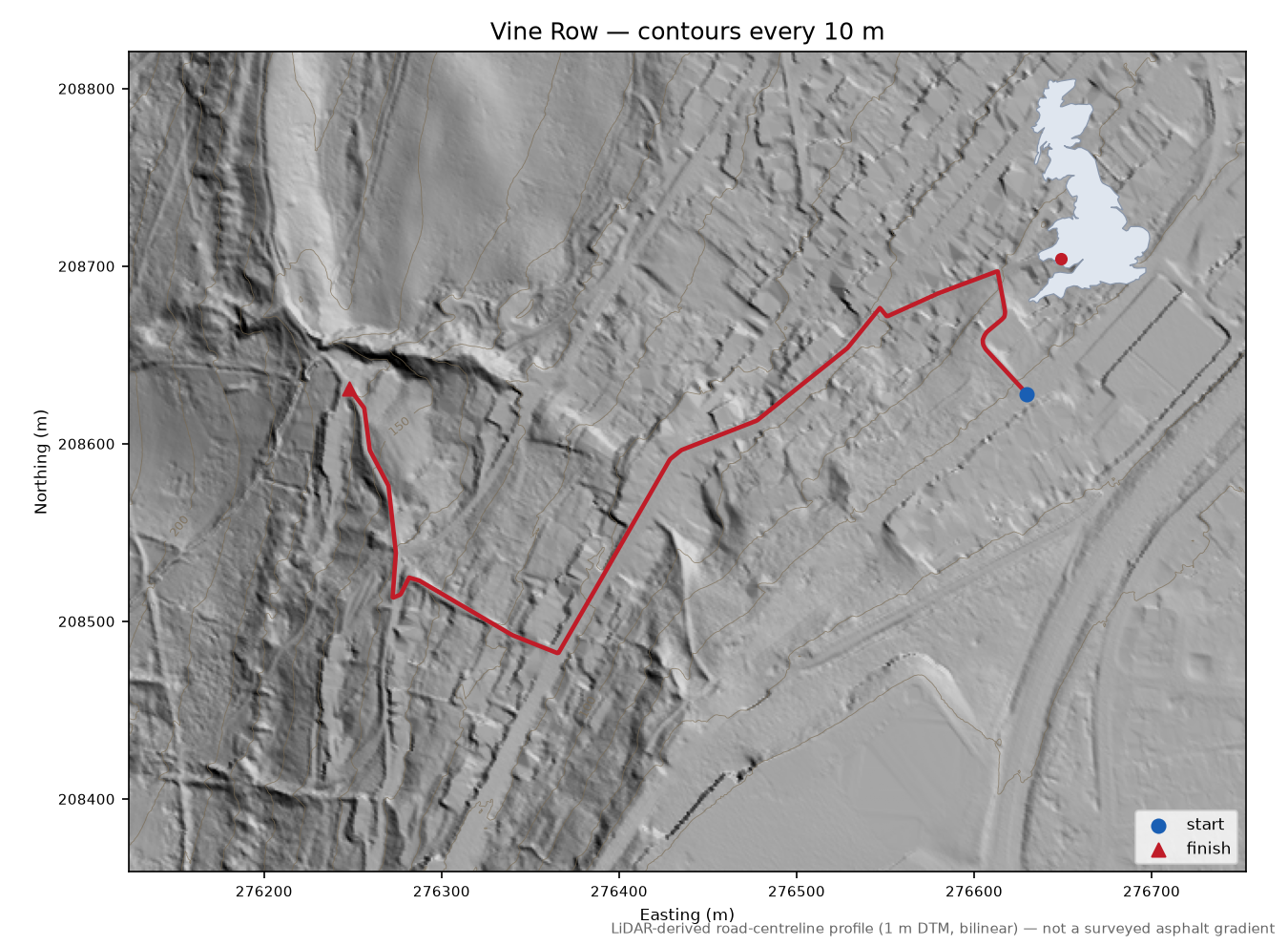 Vine Row LiDAR hillshade map with contours