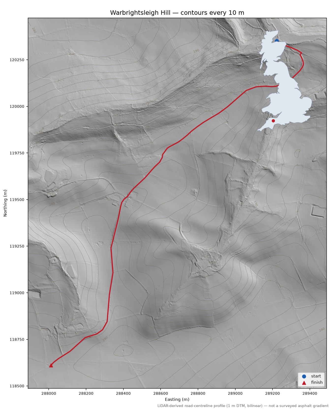 Warbrightsleigh Hill LiDAR hillshade map with contours