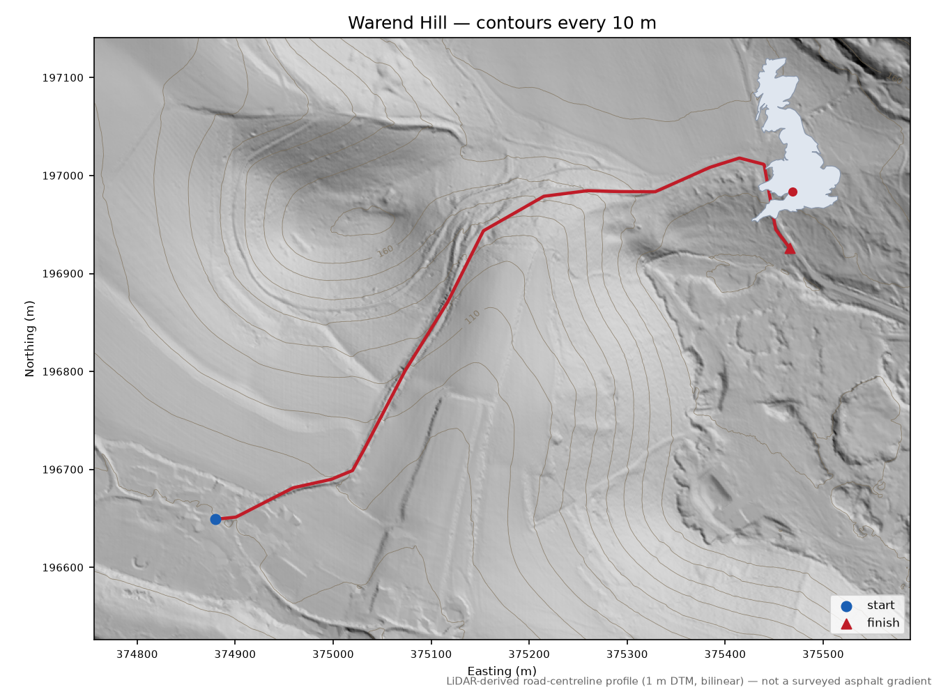 Warend Hill LiDAR hillshade map with contours