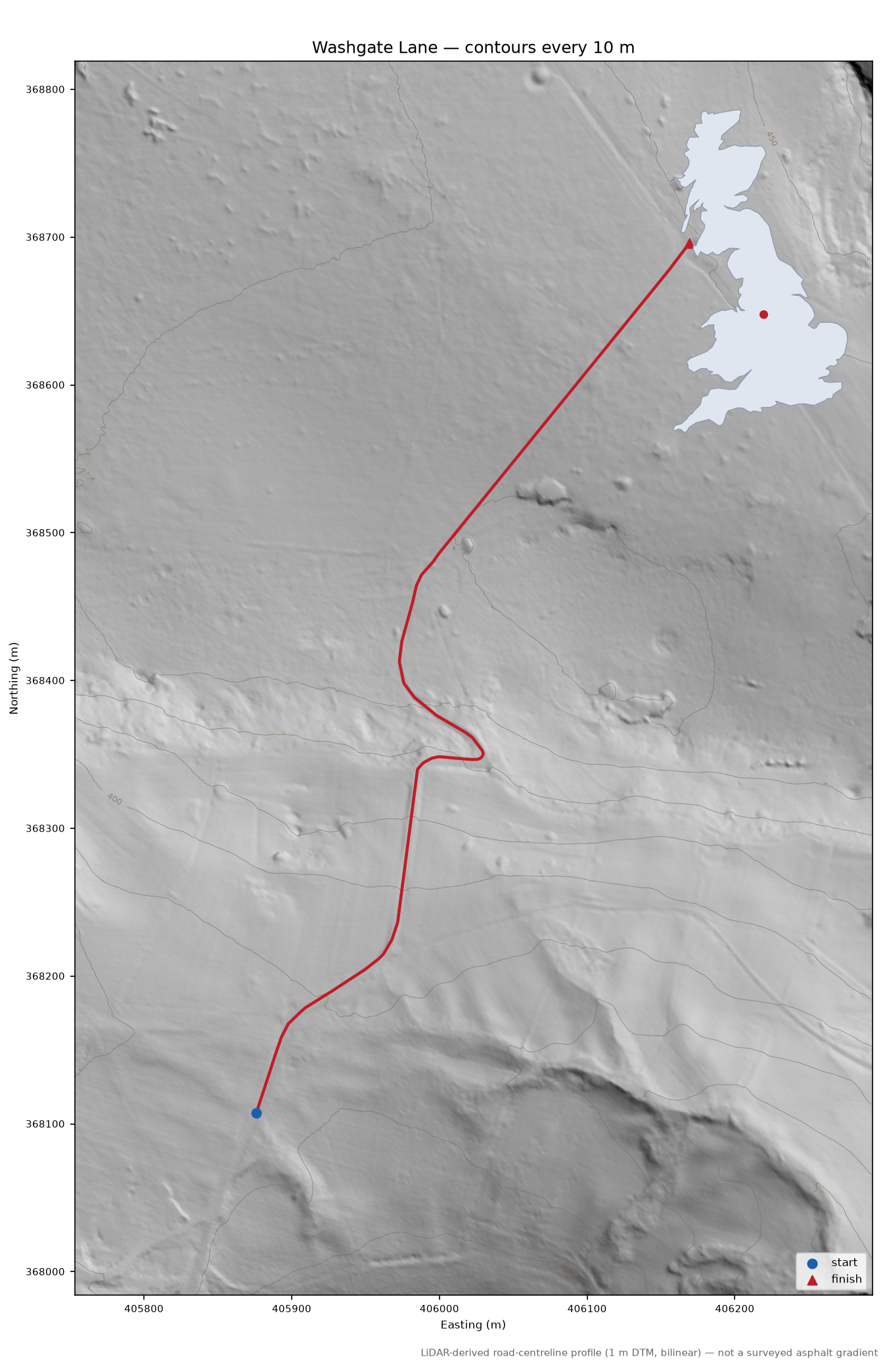Washgate Lane LiDAR hillshade map with contours