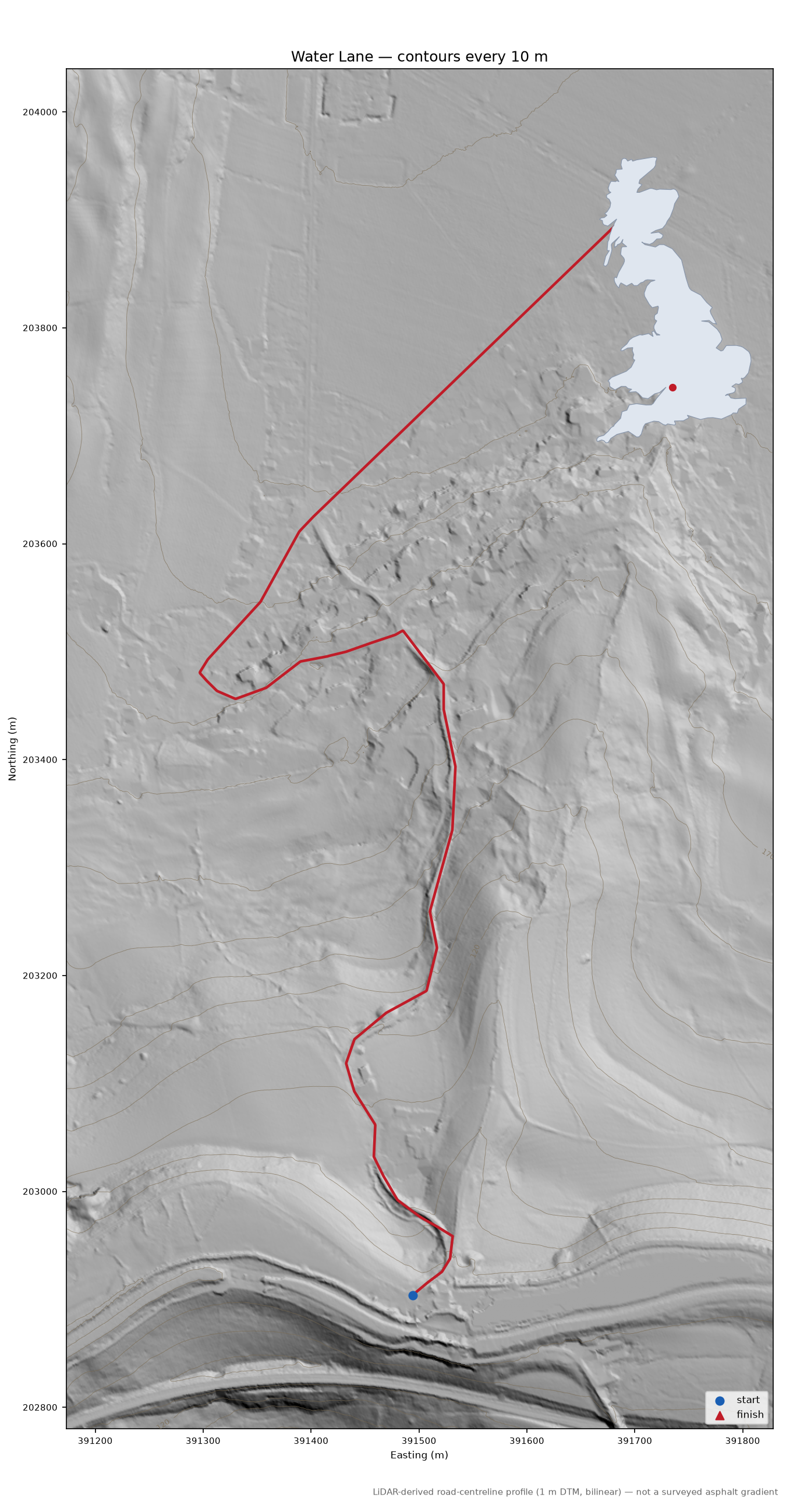Water Lane LiDAR hillshade map with contours