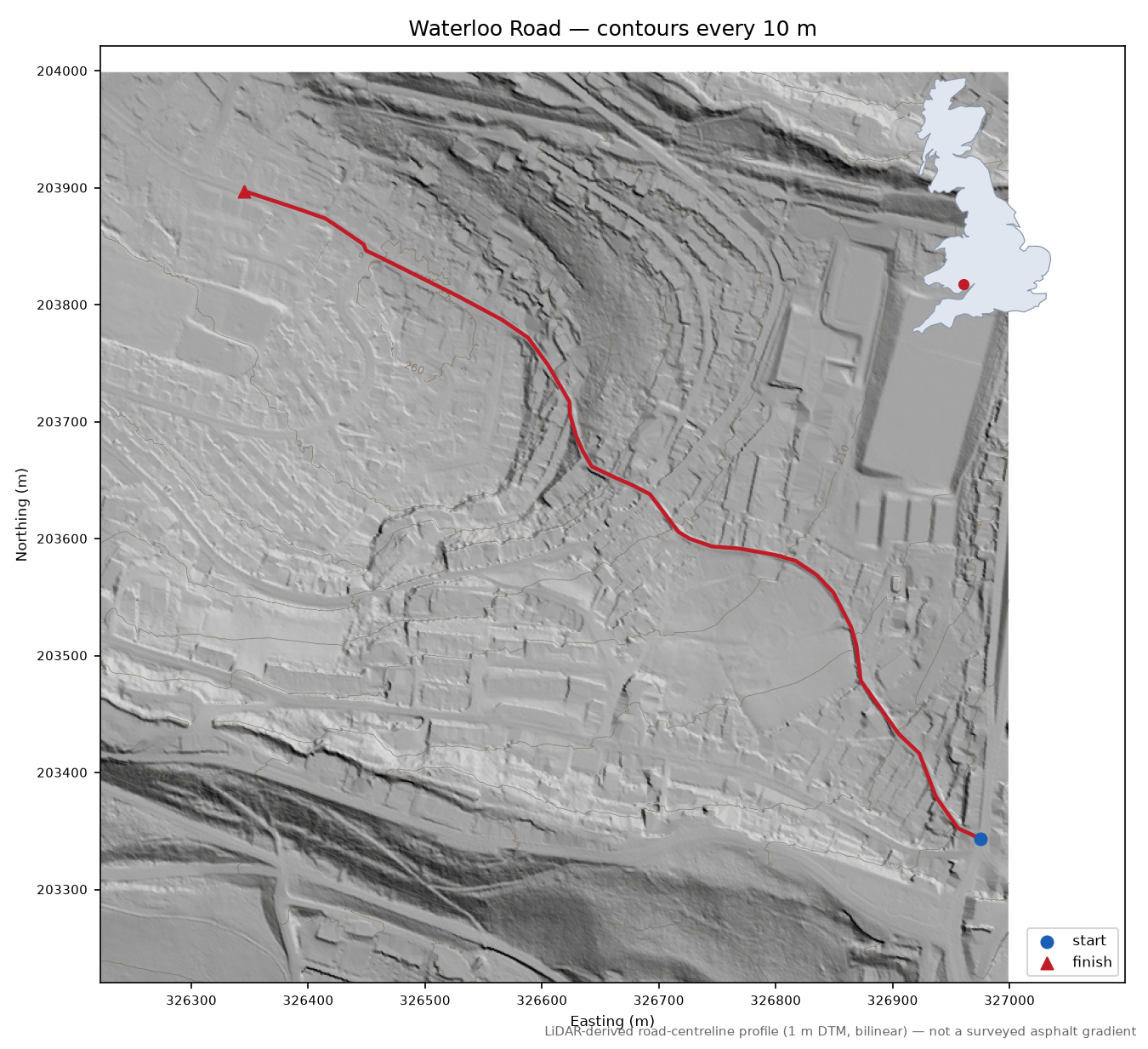 Waterloo Road LiDAR hillshade map with contours