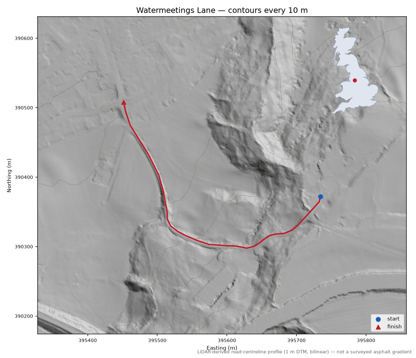 Watermeetings Lane LiDAR hillshade map with contours